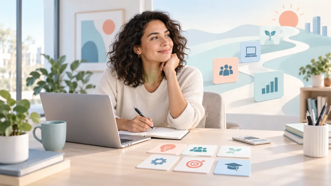Professionnelle préparant le financement de sa reconversion devant un ordinateur